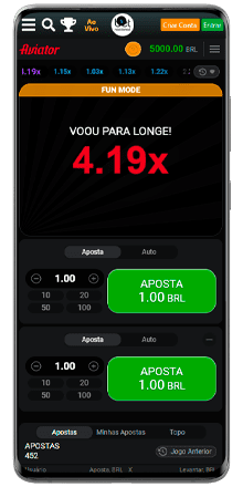 Um smartphone exibindo o modo Aviator Demo com opções de apostas e multiplicador