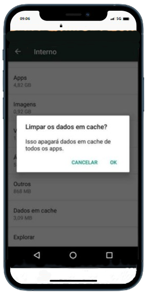 Um smartphone exibindo o menu de configurações com a janela pop-up 'Limpar dados em cache'