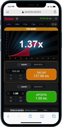 Um smartphone exibindo o modo Aviator Demo com multiplicador e opções de apostas