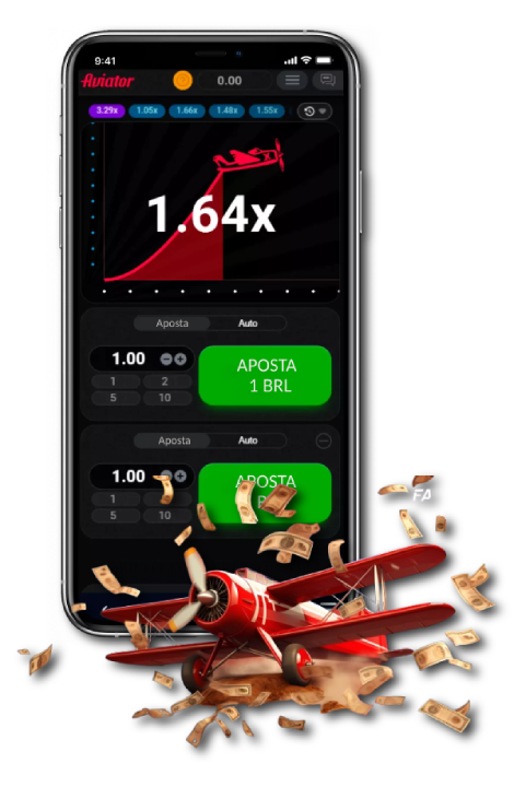 Um smartphone exibindo a interface do jogo Aviator e um avião vermelho com dinheiro