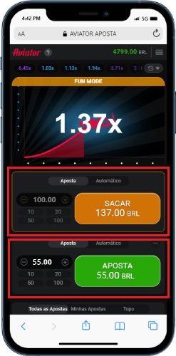 Um smartphone exibindo a versão Aviator Fun com duas apostas e multiplicador crescente