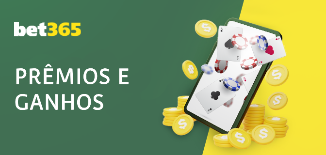Banner promocional da Bet365 com telefone, cartões, moedas e texto 'Prêmios e ganhos'