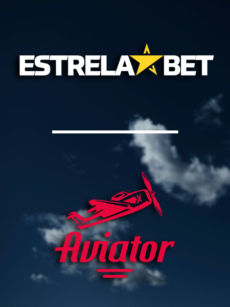 Logotipos do cassino Estrela bet e do jogo Aviator no fundo do céu escuro