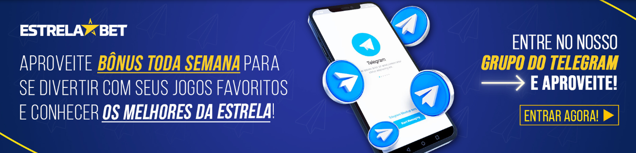 Banner promocional do telefone aposta Estrela, ícones de telegrama e texto 'Aproveite bônus toda semana'