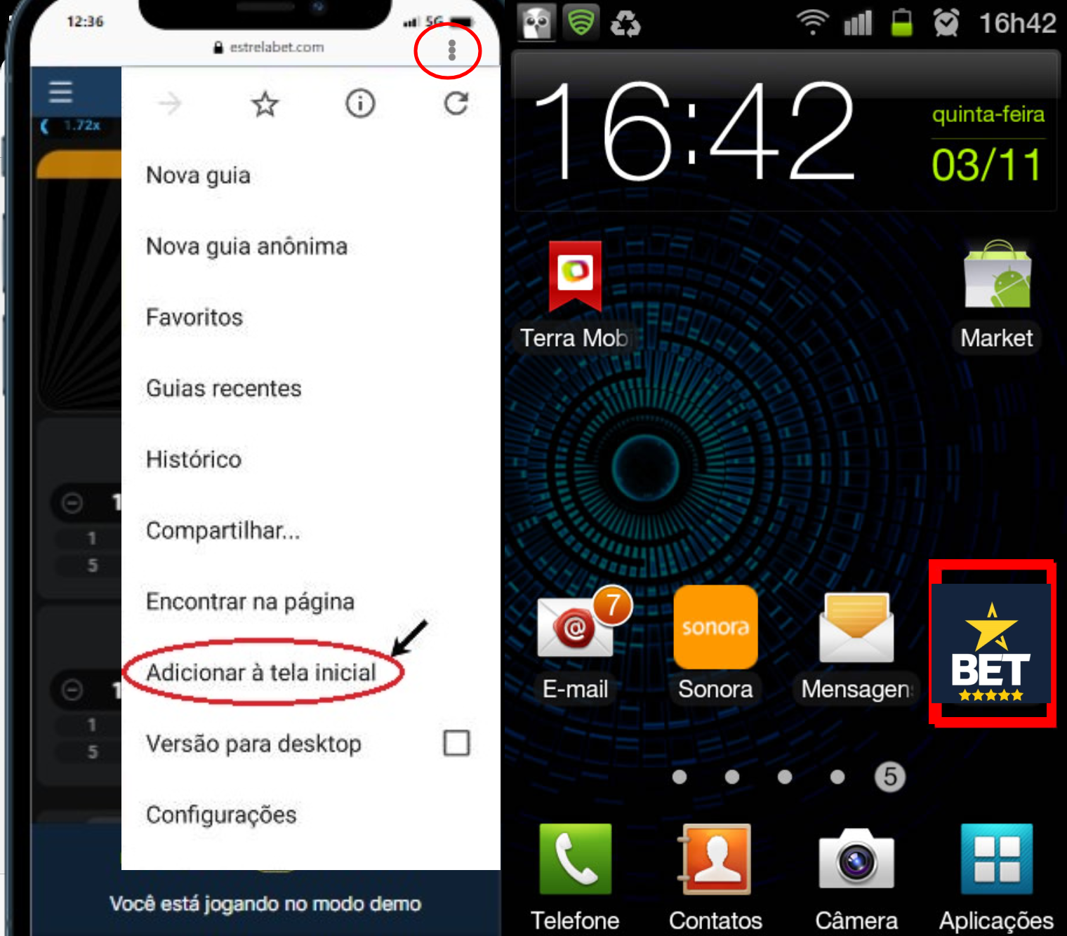 Duas capturas de tela do Android mostram etapas de como adicionar o cassino Estrela Bet a uma página inicial