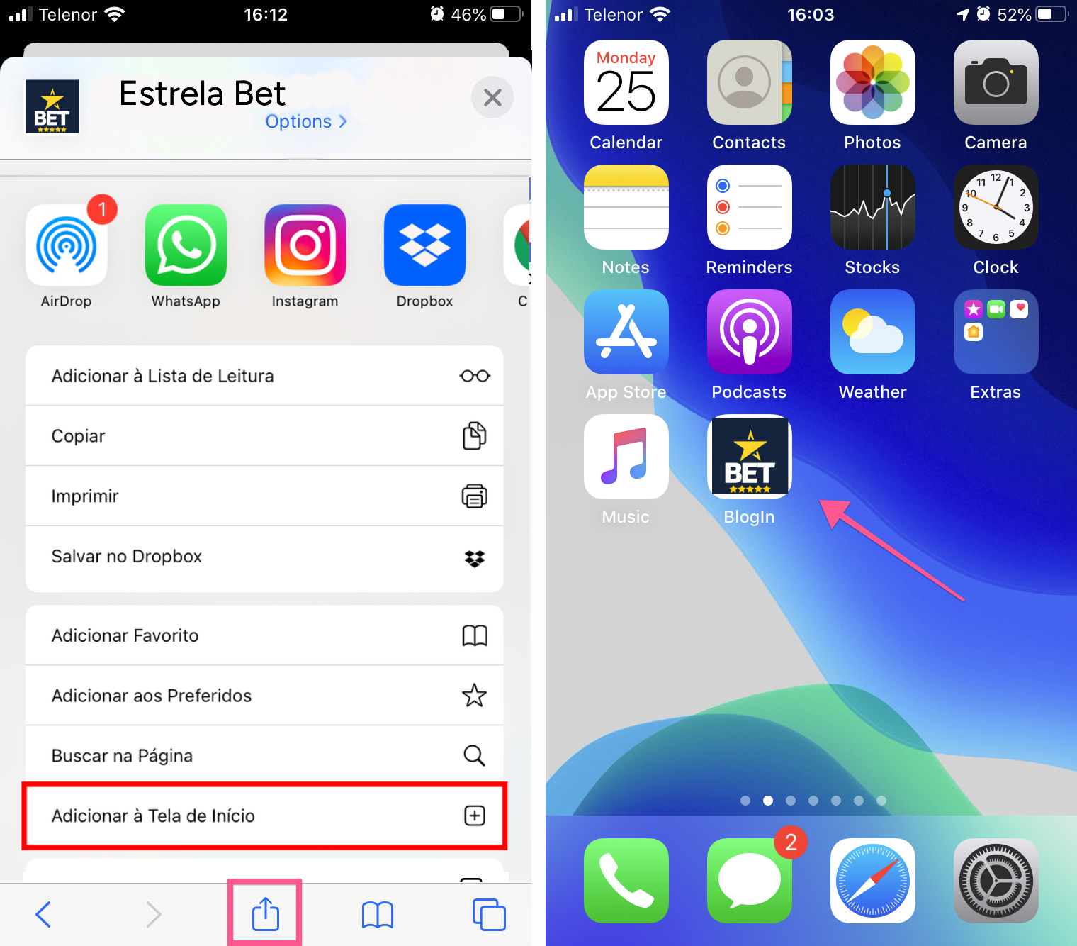 Duas capturas de tela do iPhone mostram etapas de como adicionar o cassino Estrela Bet a uma página inicial