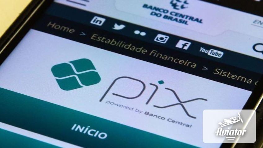 Um smartphone exibindo a página do banco brasileiro com Pix e o logotipo do jogo Aviator